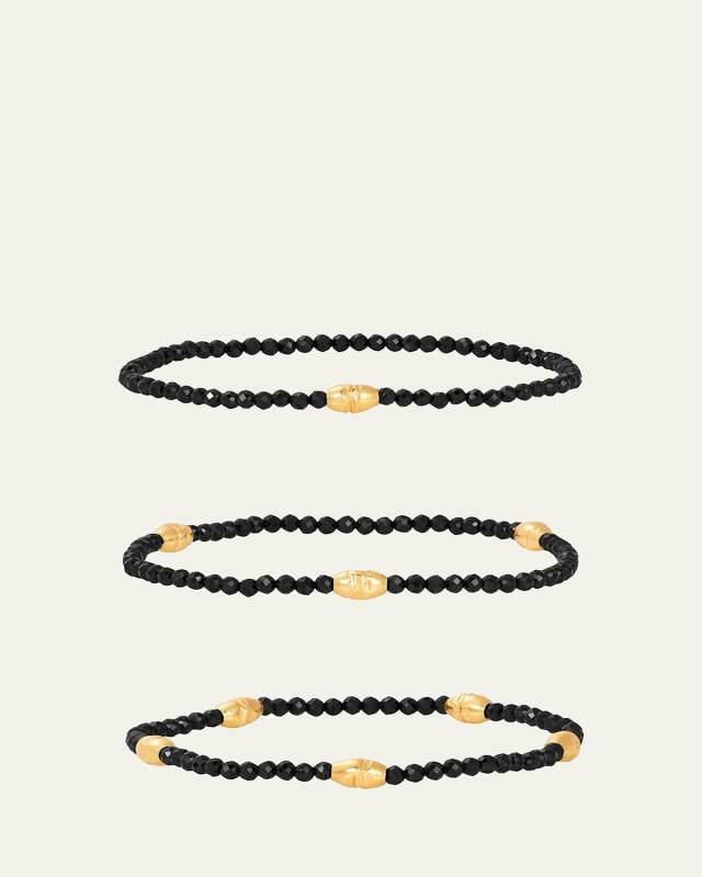 3mm Micro Faceted Black Spinel Stone and 14K Gold-Filled Textured Orzo Bead Bracelet Set